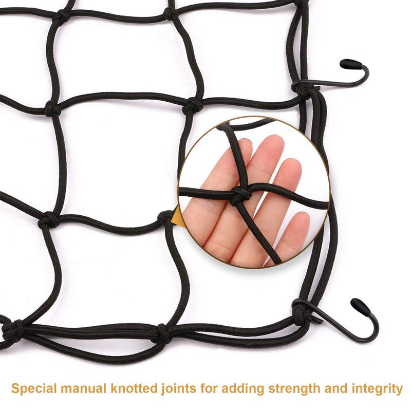 Reliancer 2 Pack of 15.7"x15.7" Bungee Cargo Net Stretches to 30"x30" Elastic Motorcycle Luggage Bungee Netting with 12 Metal Hooks Stretchable Bungee Cord Mesh Load Net Bike Paddle Board Quad Canoe Moped ATV - Image 3